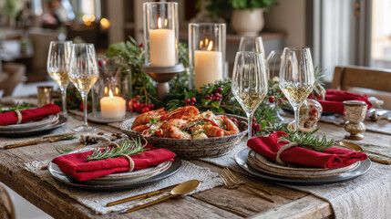 Obraz premium Holiday dining table with lobster and lit candles, festive decorations and wine glasses for christmas celebration