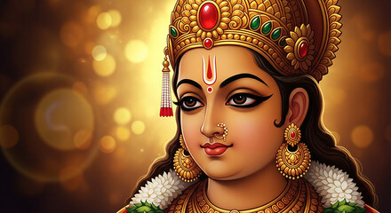 Hindu goddess idol illuminated with oil lamps during traditional festival