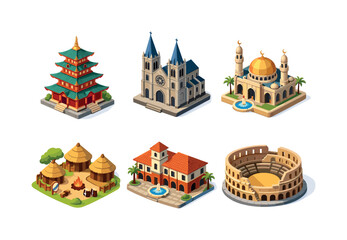 Fototapeta premium Global Heritage Grid. World culture travel. Isometric flat vector icons set of World culture travel: Asian pagoda, European cathedral, Middle Eastern mosque,