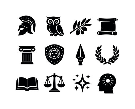 Athena's Symbols Icons. Athena's wisdom. Solid icon set of Athena's wisdom: Athena helmet, owl symbol, olive branch, ancient scroll, Greek column, shield