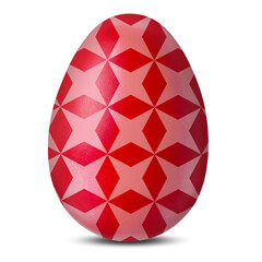 Easter egg dyed in red color with pattern on white background