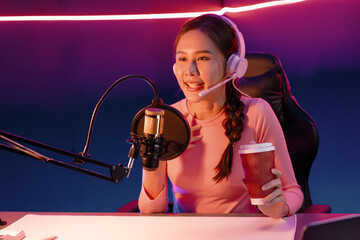 Host channel of creative broadcast listening the music on social media with listeners holding...