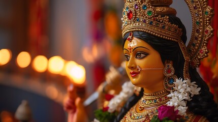 Hindu goddess idol illuminated with oil lamps during traditional festival