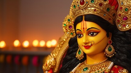 Hindu goddess idol illuminated with oil lamps during traditional festival