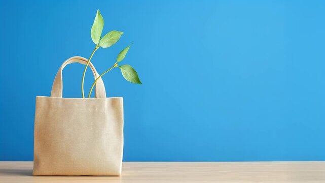 Reusable beige canvas bag with green plant sprouts. Eco-friendly recycled shopping bag for sustainable lifestyle concept.