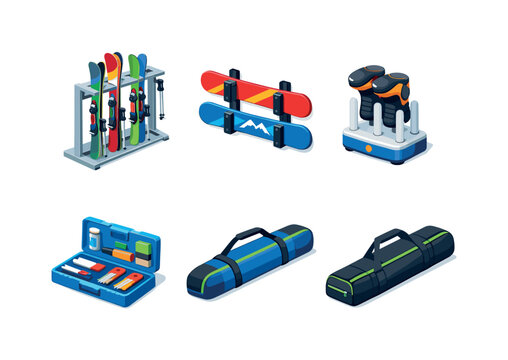 Winter Sports Gear Grid. Winter Sports Setup. Isometric flat vector icons set of Winter Sports Setup: ski rack stand, snowboard wall mount, boot drying heater,
