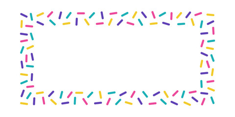 Sprinkle rectangle border. Frame with colorful decorative sprinkles for donut glaze. Vector illustration isolated on transparent background