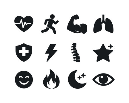 Exercise Health Icon Set. Health Benefits of Exercise. Solid icon set of Health Benefits of Exercise: healthy heart, active body, muscle arm, lung capacity,