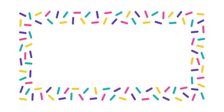 Sprinkle rectangle border. Frame with colorful decorative sprinkles for donut glaze. Vector illustration isolated on transparent background
