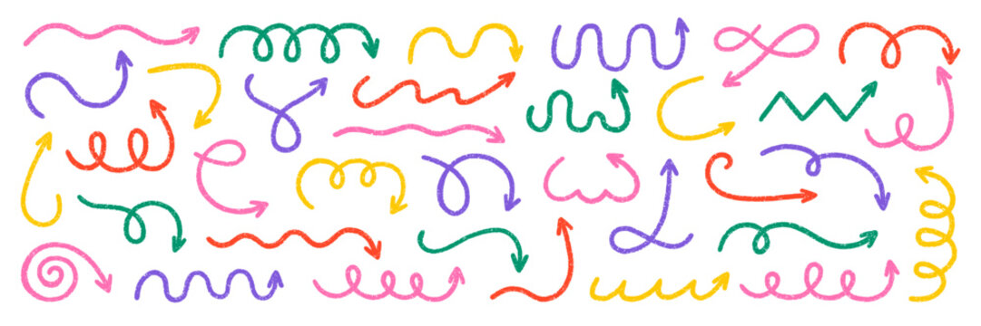 Crayon squiggly arrows doodle set. Chalk pencil comic symbols and direction pointers in sketch style. Hand drawn vector illustration isolated on white background