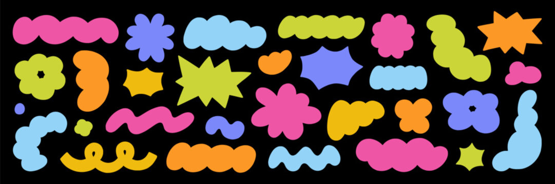 Organic blob shapes doodle set. Retro comic cloud and flower forms, groovy stickers and abstract figures in sketch style. Hand drawn vector illustration isolated on black background