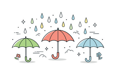 Obraz premium Spring Rain Serenity. Umbrella and rain spring illustration. Simple outlined umbrellas with falling raindrops, creating a peaceful and cozy spring rain