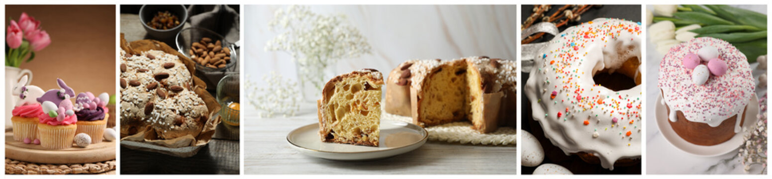 Delicious and festive Easter cakes, collage. Spring season holiday