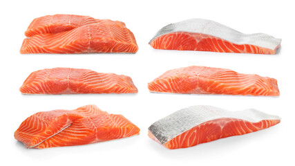 Fresh salmon pieces isolated on white, set
