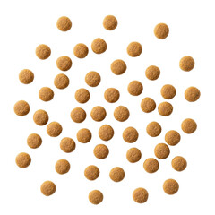 Numerous small, uniform, light brown, perfectly round pet food pellets scattered on a transparent background with copy space, extreme close-up flat lay shot, concept of high-quality pet nutrition