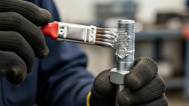Close up of a worker in black gloves applying silver anti-seize lubricant paste with a brush to a metal bolt thread in a workshop