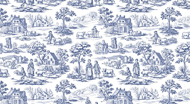 Vintage Blue Toile de Jouy Seamless Pattern with Pastoral Village Scenes and French Countryside
