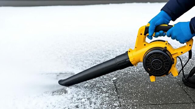 Person in blue gloves using a yellow electric leaf blower to clear fresh white snow from a paved driveway or sidewalk during winter season