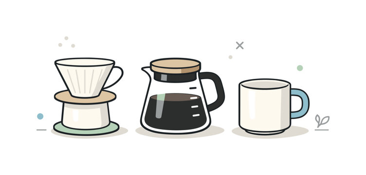 Modern Coffee Set Elegance. Neutral pour over coffee set. A compact set of dripper, server, and mug aligned symmetrically, soft neutral accents. Modern home