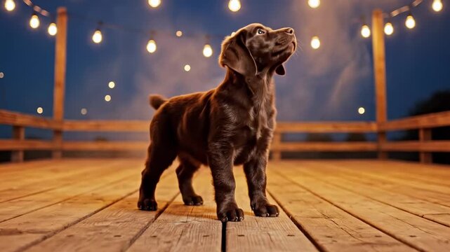 brown labrador retriever puppy. A playful brown puppy stands on a wooden deck under string lights at dusk, creating a warm, inviting atmosphere filled with joy and curiosity