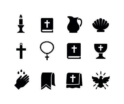Baptism Icons Set. Baptism objects. Solid icon set of baptism objects: candle stick, small Bible, water vessel, shell scoop, cross pendant, rosary outline,