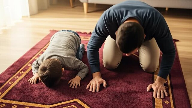 A young Caucasian father and his little son performing Islamic prayer together on a red rug at home, teaching religious traditions and spiritual connection in a modern living room setting.