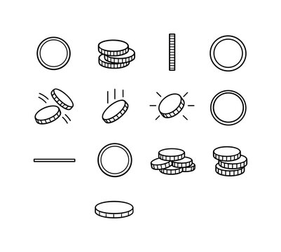 Coin Icon Collection. Coin. Line icon set of Coin: single coin, coin stack, coin edge, coin face, coin flip, coin drop, coin shine lines, coin rim, thin coin,