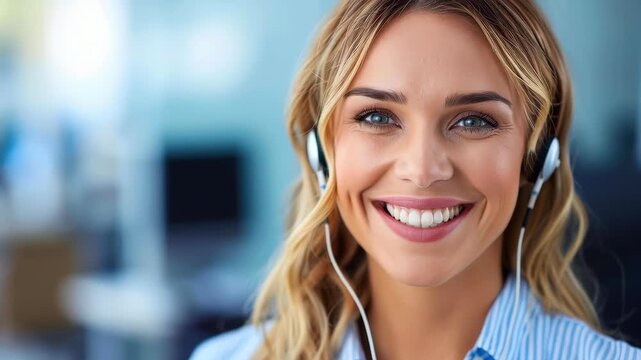 Cheerful Support: An inviting, smiling representative, headset in place, poised to offer help, embodies the warmth and efficiency of exceptional customer service. 