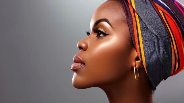 Radiant Beauty: A profile of a woman with captivating gaze, adorned in a vibrant headwrap, a study in elegant expression, is an artistic blend of grace and style. 