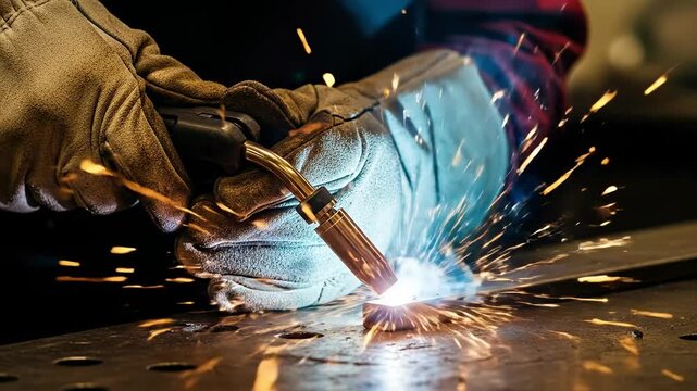 Close up of a professional welder in protective gloves using a MIG welding torch on a metal workpiece with bright sparks and blue light in a workshop