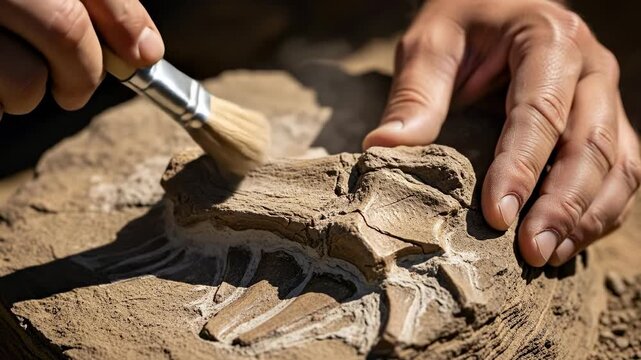 Close up of a paleontologist using a brush to carefully clean a dinosaur fossil embedded in rock at an archaeological dig site