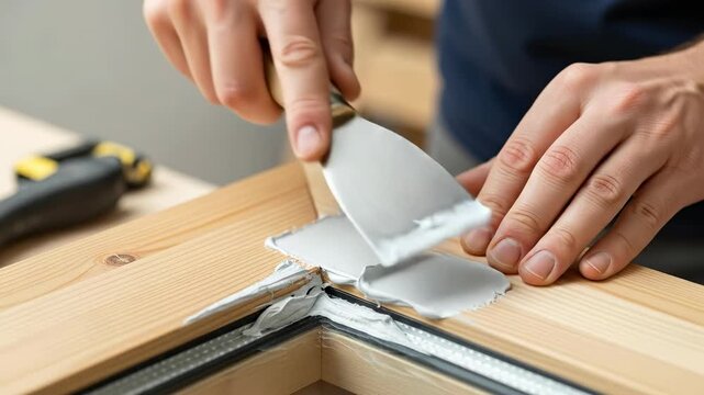 Close up of a male carpenter applying white wood filler with a putty knife to a wooden window frame in a workshop
