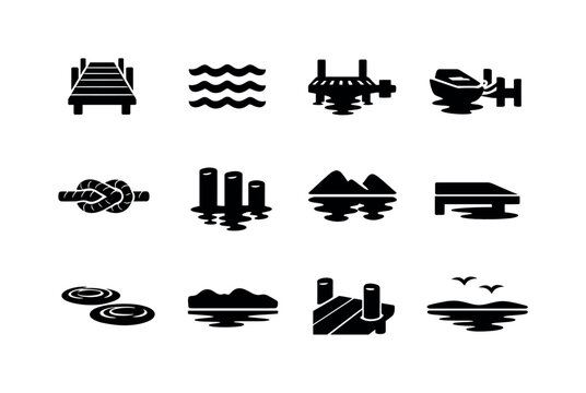 Lakeside Pier Icons. Lakeside Pier. Solid icon set of Lakeside Pier: wooden walkway, lake waves, shoreline dock, moored boat, rope knot, wooden posts, water