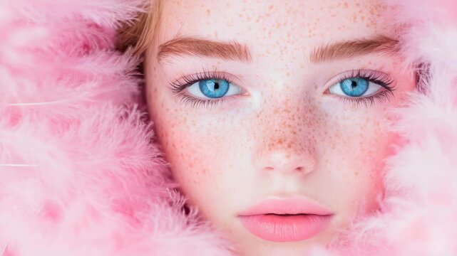 Azure Gaze: The camera tenderly captures the serene beauty of a woman with captivating blue eyes, framed by delicate pink feathers. A portrait of gentle grace and quiet beauty.