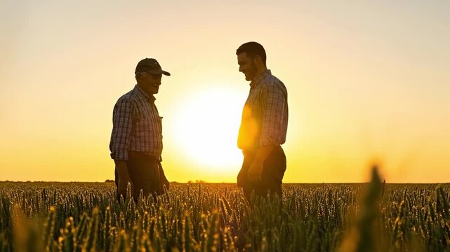 Two Caucasian male farmers, one senior and one younger, shaking hands in a golden wheat field at sunset, symbolizing a business deal or partnership in agriculture.