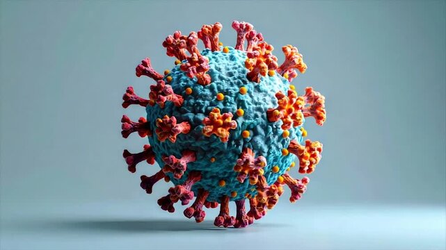 A colorful, detailed, spherical representation of a virus, with spikes and a textured surface