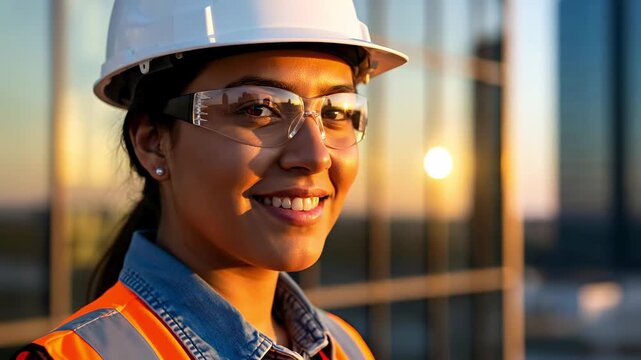 Portrait of a smiling young Hispanic female construction engineer wearing a white hard hat and safety glasses at a building site during sunset