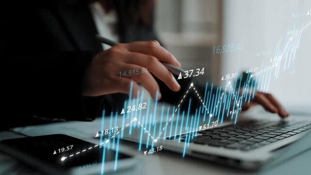 Stock market analysis with candlestick chart and price movement trend line, highlighting global financial trends, stock trading, and investment strategy insights Marrow
