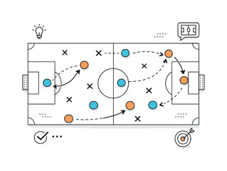 Fototapeta premium Strategic Football Diagram. Coaching Strategy Board. A minimal top-down football diagram with arrows, paths, and player points arranged clearly, resembling a