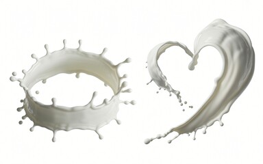 Two dynamic splashes of white milk are frozen in mid-air against a plain white backdrop. 