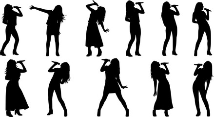 Obraz premium Female singer silhouettes with microphones performing on stage, music concert pose, dancing artists, musical expression, entertainment, vocal talent, pop star show, silhouette collection