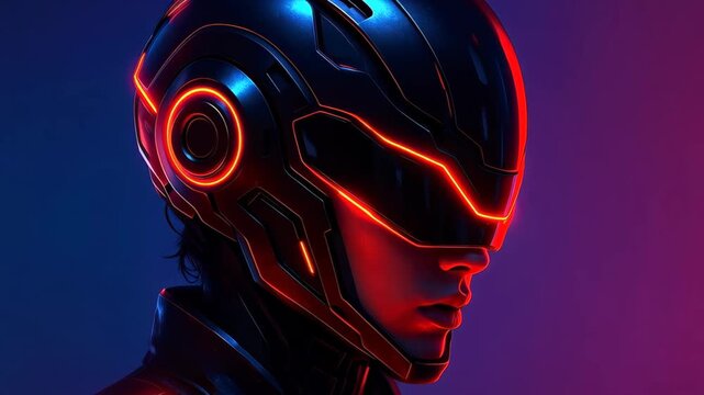 Cybernetic Silhouette: Illuminated profile of a futuristic figure adorned in sleek cybernetic armor, its features bathed in the neon glow of a digital realm.