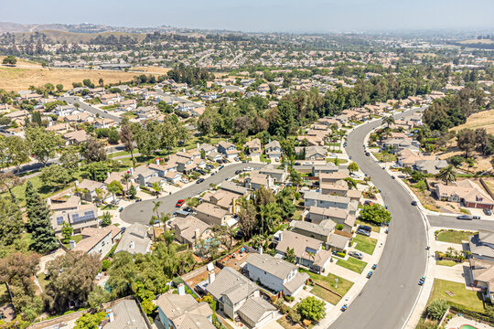 Chino Hills, California &ndash; June 12, 2024: Aerial Drone Chino Hills City View Photo toward Freeway 142, Green Valley Dr, Peyton Dr with House, Home, Town, Street, Road, Cityscape

