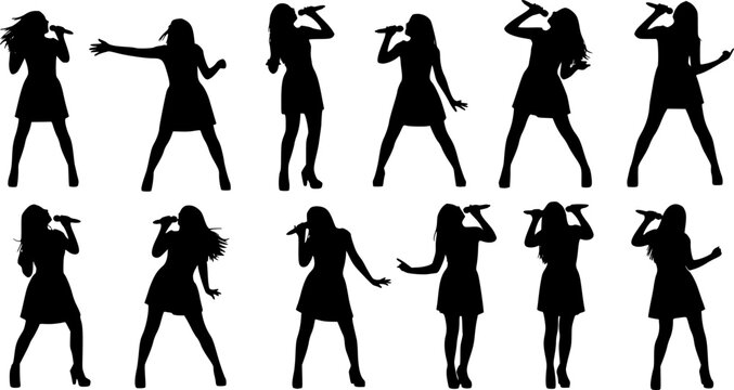 Female singer silhouettes with microphones performing on stage, music concert pose, dancing artists, musical expression, entertainment, vocal talent, pop star show, silhouette collection