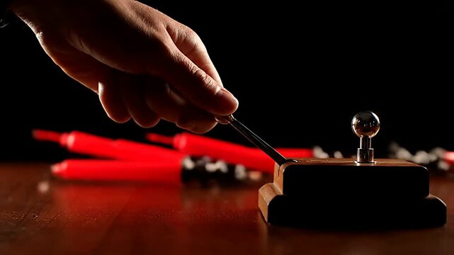 Close up of hand using guillotine on table or Close up of hand using lever on table