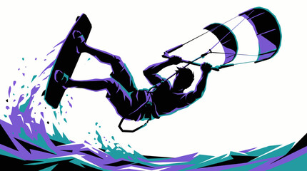 Kitesurfer Performing Mid-Air Jump Illustration, Dynamic Kiteboarding Extreme Water Sports Vector, Action Graphic of Athlete Kitesurfing on Waves © Tharusha