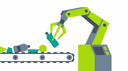 Industrial Robot Arm for Plastic Recycling and Sorting, Automated Conveyor Belt System Illustration, Sustainable Waste Management and Green Tech Concept