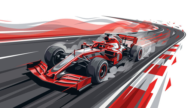 Formula 1 Racing Car Drifting on Sharp Curve Illustration, Professional F1 Motorsport Dynamic Motion Vector, High-Performance Race Car on Track with Tire Smoke