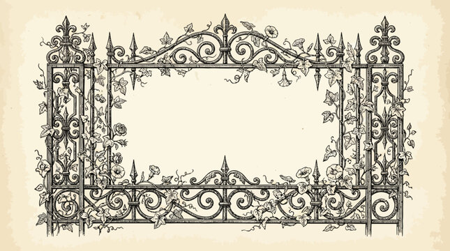 Detailed Gothic Wrought Iron Gate Illustration with Climbing Ivy, Ornate Victorian Garden Fence Vector Border, Vintage Architectural Metalwork Design