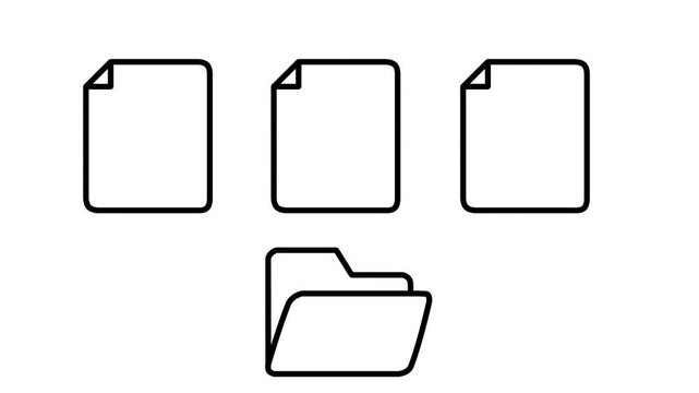 Line art animation showing document files moving into a folder, representing data storage, archiving, and organization.